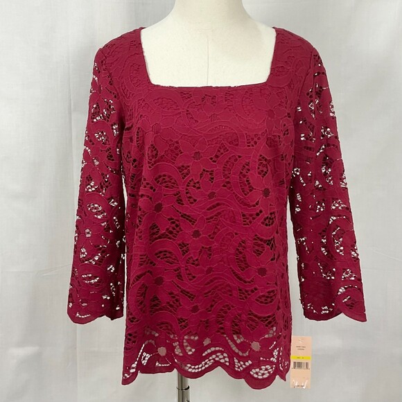 Nanette Lepore Burgundy Lace Blouse Top Shirt Sz Med NWT 3/4 Sleeve Lined - Picture 2 of 9